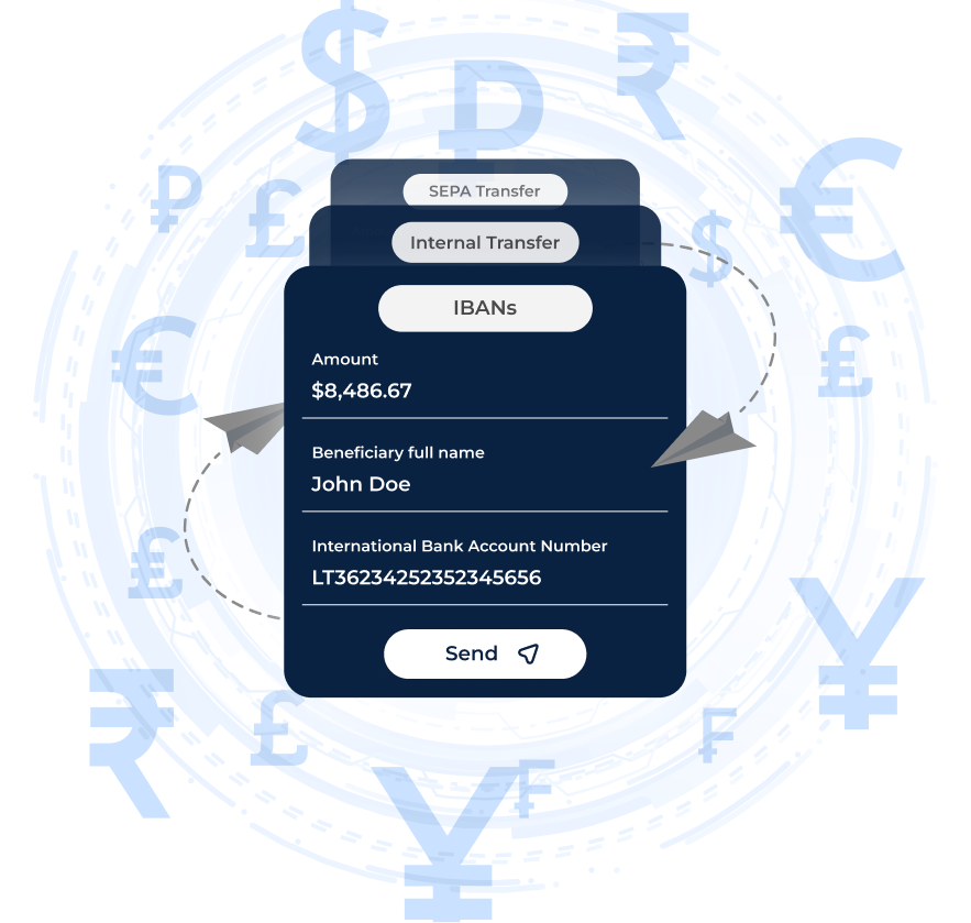 Edwards FX international payment flow — SEPA, SWIFT and IBAN transfer mockup